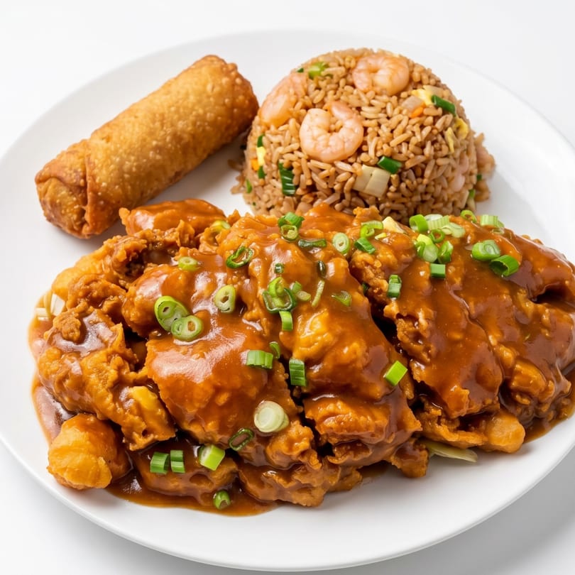 Sweet and sour chicken with shrimp fried rice and an egg roll on a white plate.