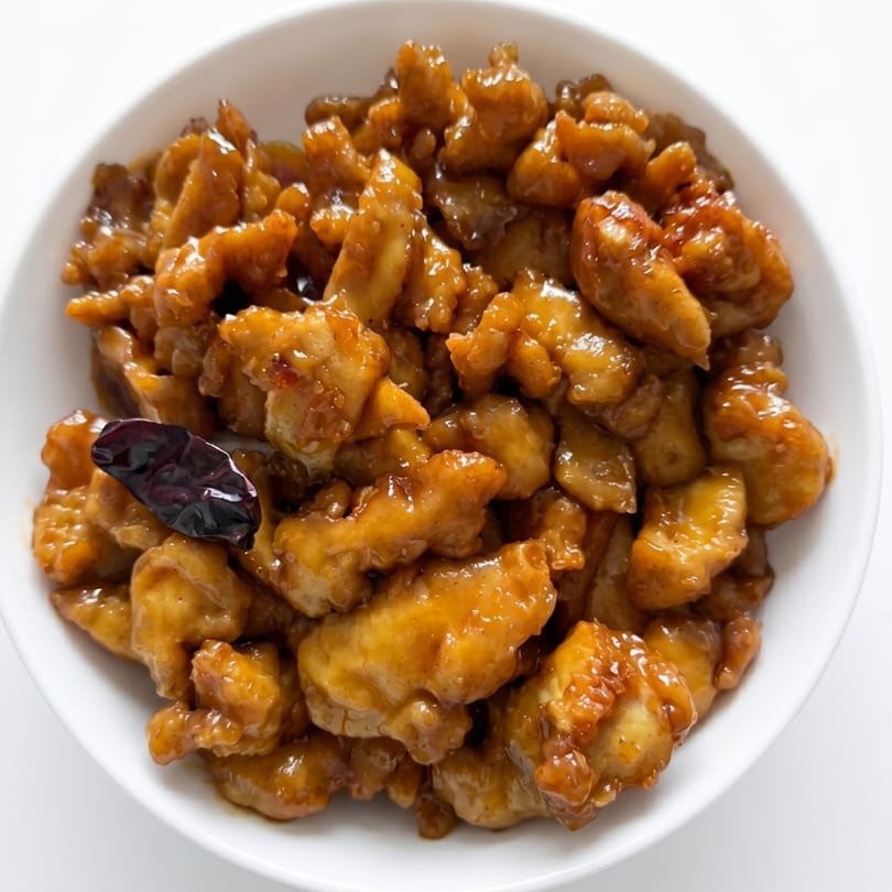Close-up of General Tso's chicken with a dried chili pepper in a white bowl.