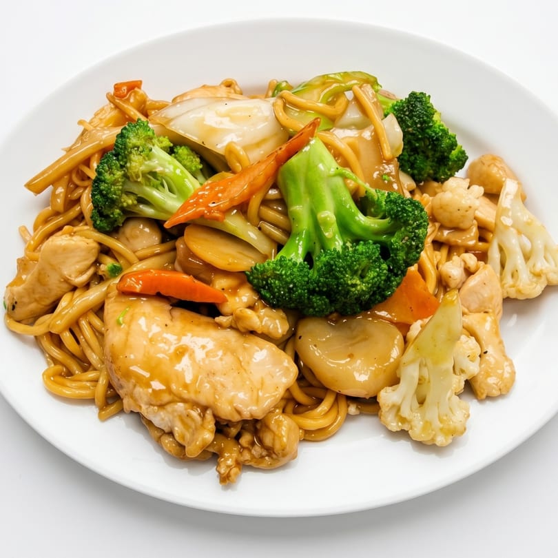 Chicken chow mein with broccoli, carrots, cauliflower, and onions on a white plate.